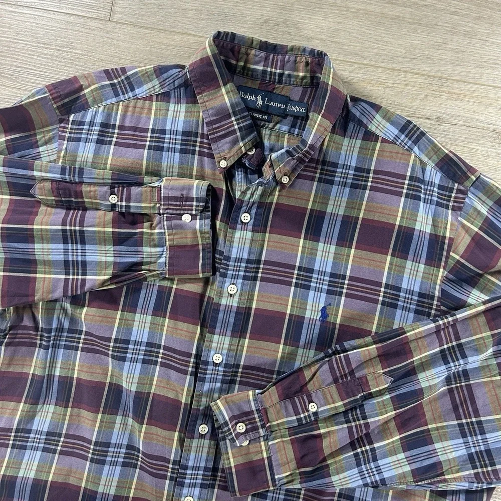 Ralph Lauren 18 XXL Classic Fit Long Sleeve Plaid Button Down Preppy Blue Pony